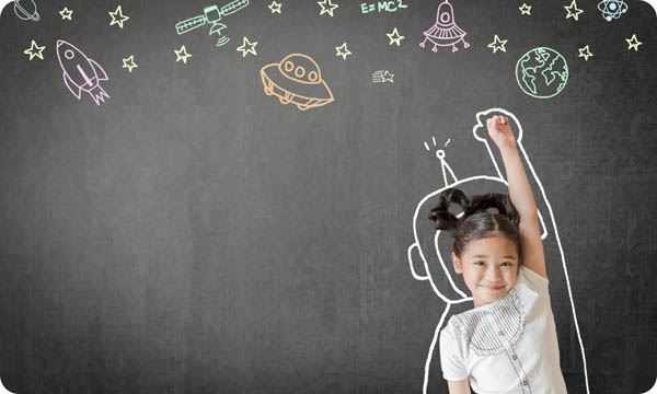 Child with a chalk outline that makes them look like an astronaut